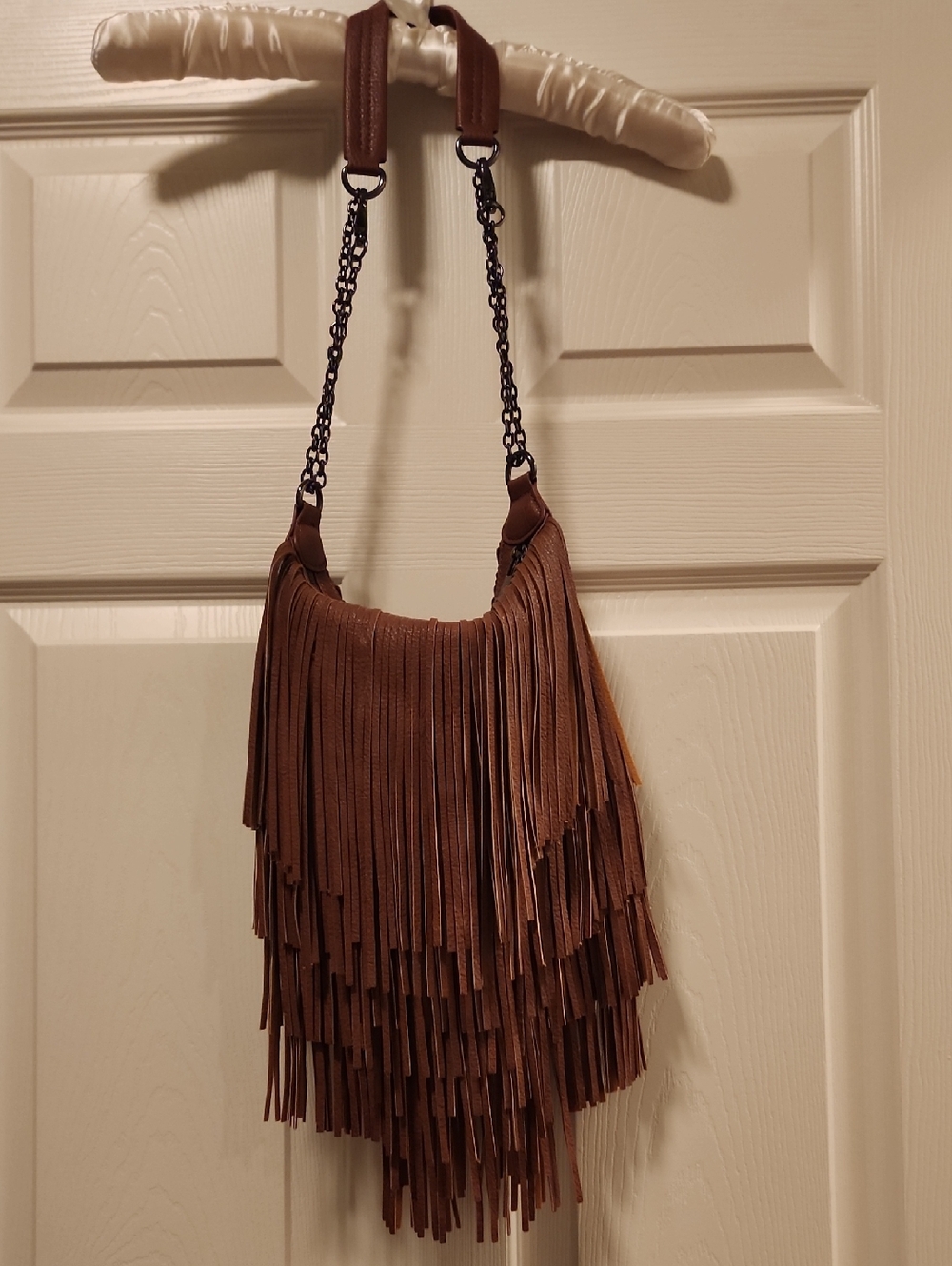 Fringed Brown Shoulder Bag with Chain Strap